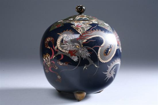 Appraisal: JAPANESE CLOISONN ENAMEL DRAGON TRIPOD JAR AND COVER Meiji period