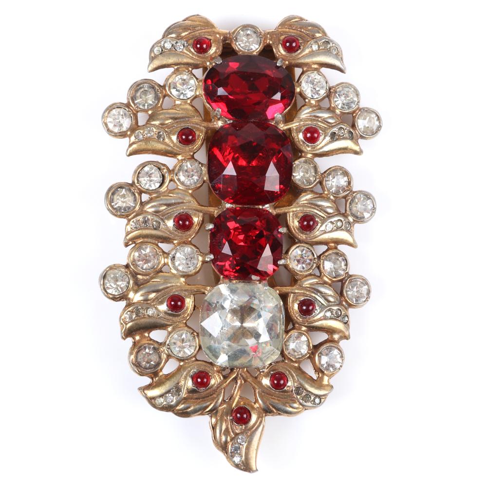 Appraisal: EISENBERG ORIGINAL DECO LAYERED DRESS CLIP WITH THREE LARGE RUBY