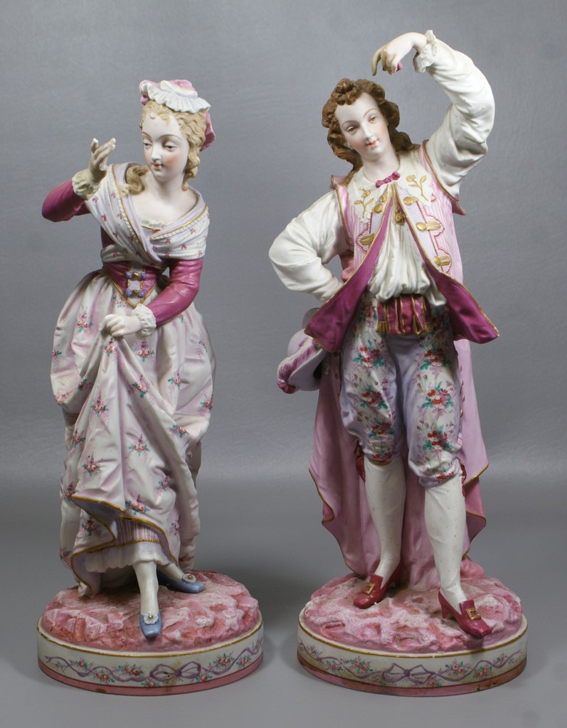 Appraisal: Pr French porcelain bisque figurines Man and Woman in fancy