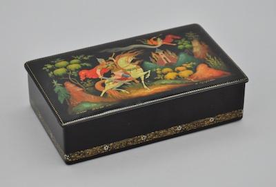 Appraisal: A Russian Laquer Papier Mache Box Finished in black high-gloss