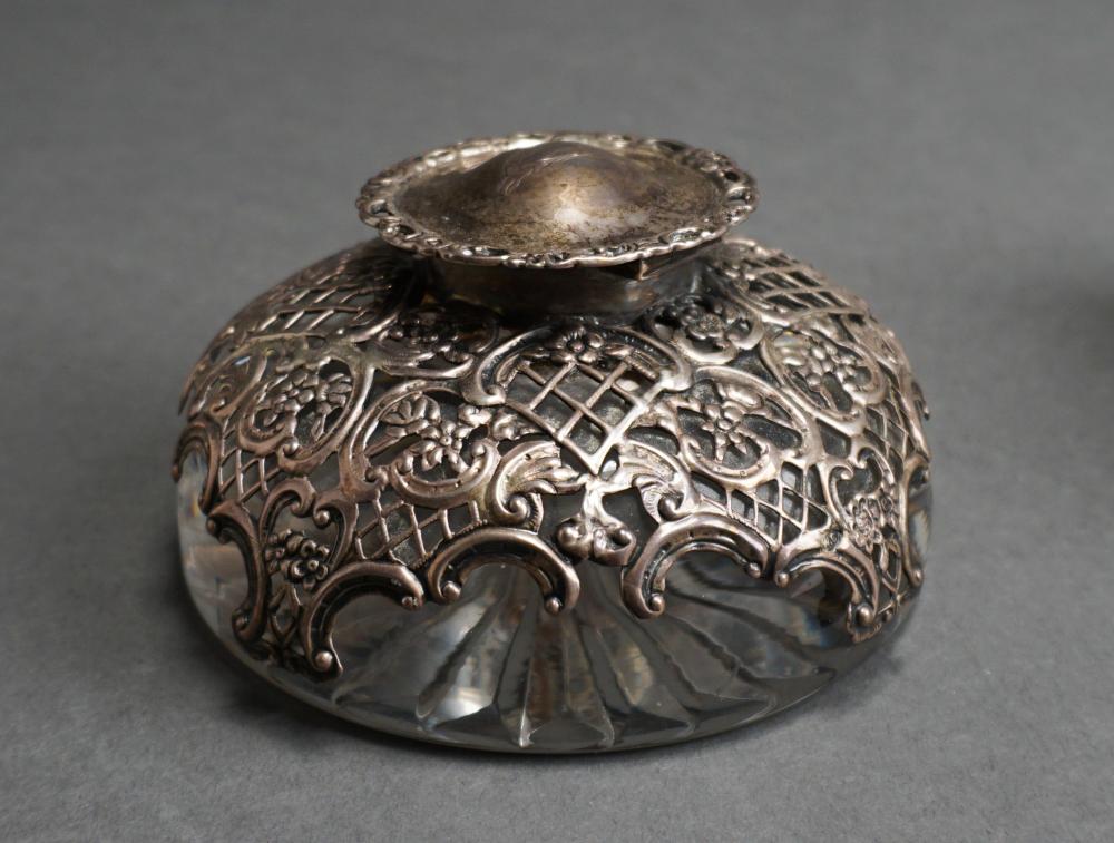 Appraisal: English Reticulated Silver-Mounted Clear Glass Ink Well