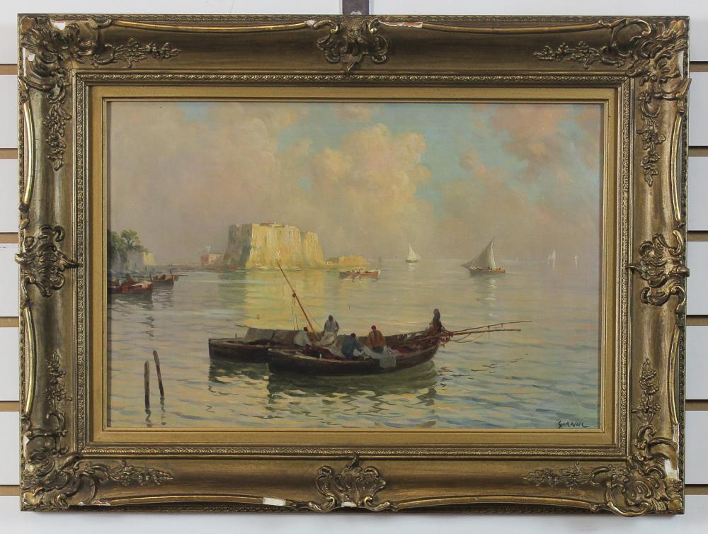 Appraisal: ITALIAN OIL ON CANVAS fishermen mending nets with castle and