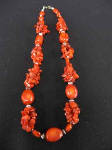 Appraisal: Coral Necklace natural form beads clusters sterling silver spacers clasp