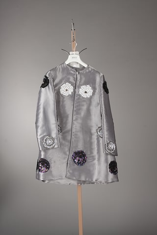 Appraisal: Paula Hian steel grey silk swing jacket with jeweled appliqu