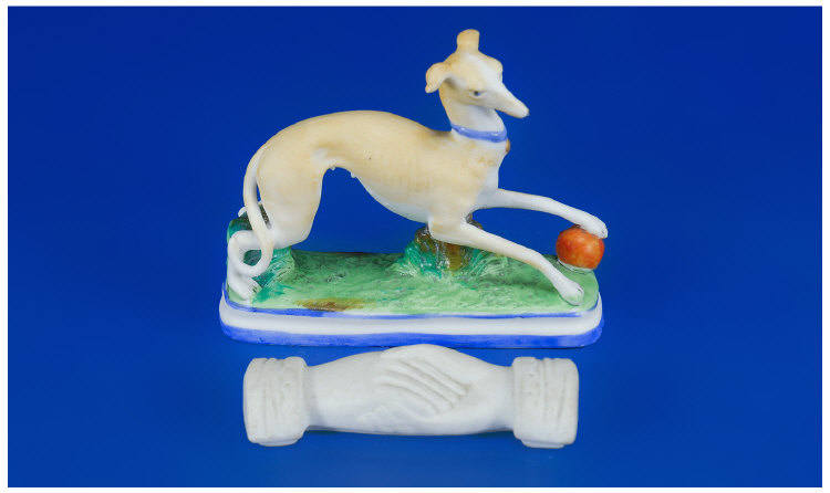 Appraisal: Two Small Bisque Porcelain Items comprising Standing Greyhound with Blue