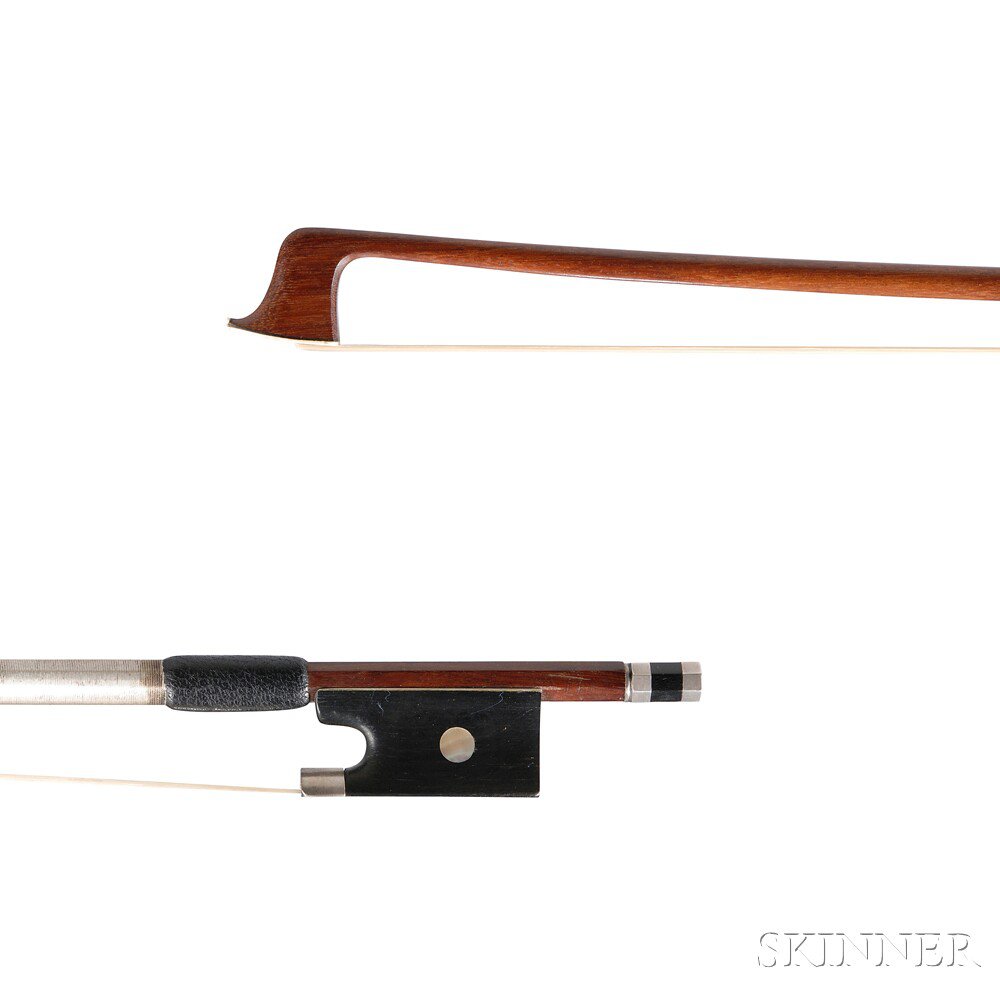 Appraisal: German Nickel Silver-mounted Violin Bow the round stick stamped GERMANY