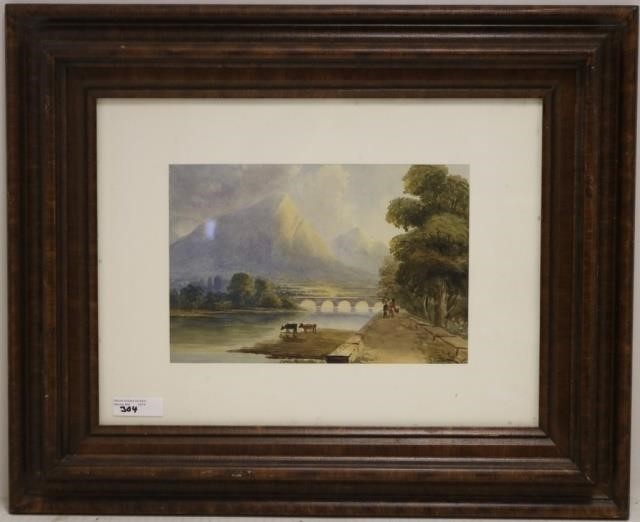 Appraisal: JOHN CALLOW - ENGLISH WATERCOLOROF MOUNTAIN SCENE WITH RIVER COWS