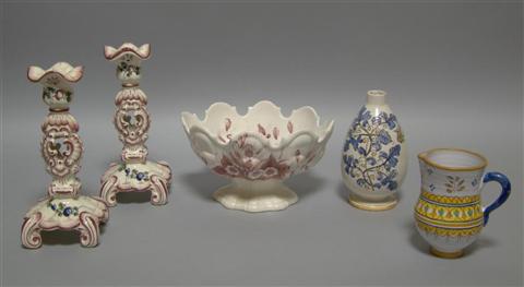 Appraisal: GROUP OF CONTINENTAL FAIENCE Including an Italian silver-shaped centerpiece bowl