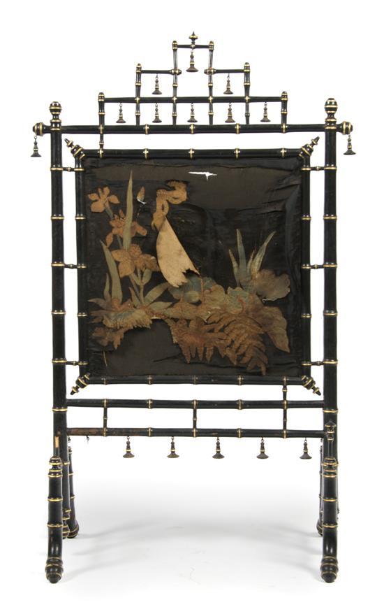 Appraisal: n American Ebonized and Parcel Gilt Decorated Firescreen late th