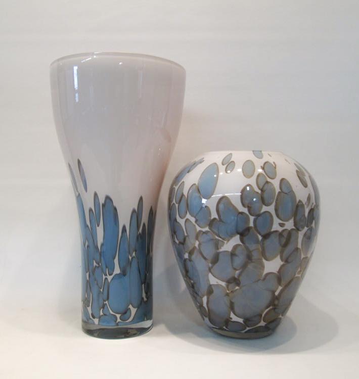 Appraisal: TWO STUDIO ART GLASS VASES having cased orange interiors with