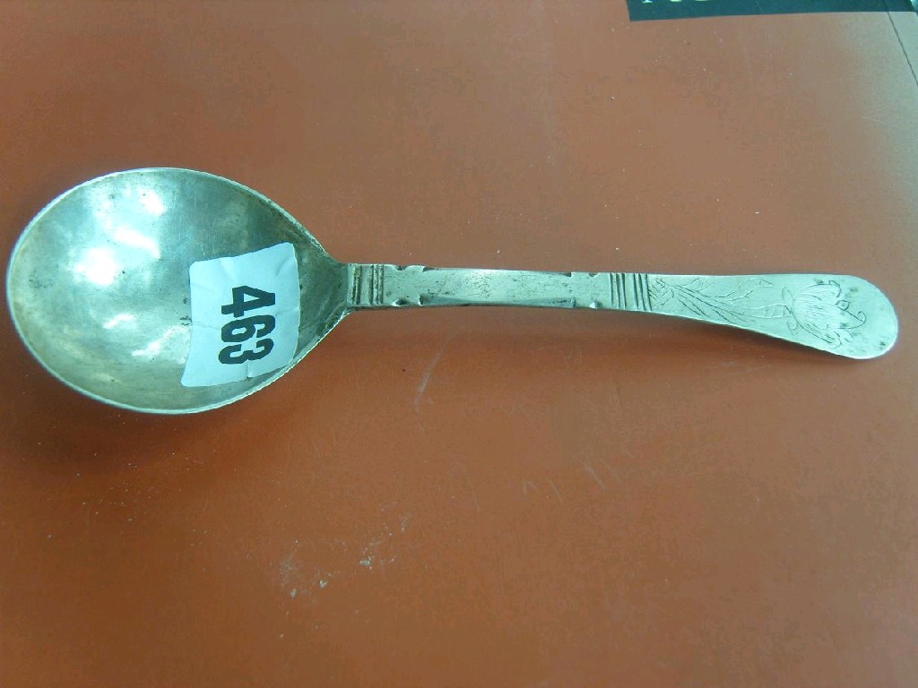 Appraisal: An early Dutch white metal spoon the handle engraved with