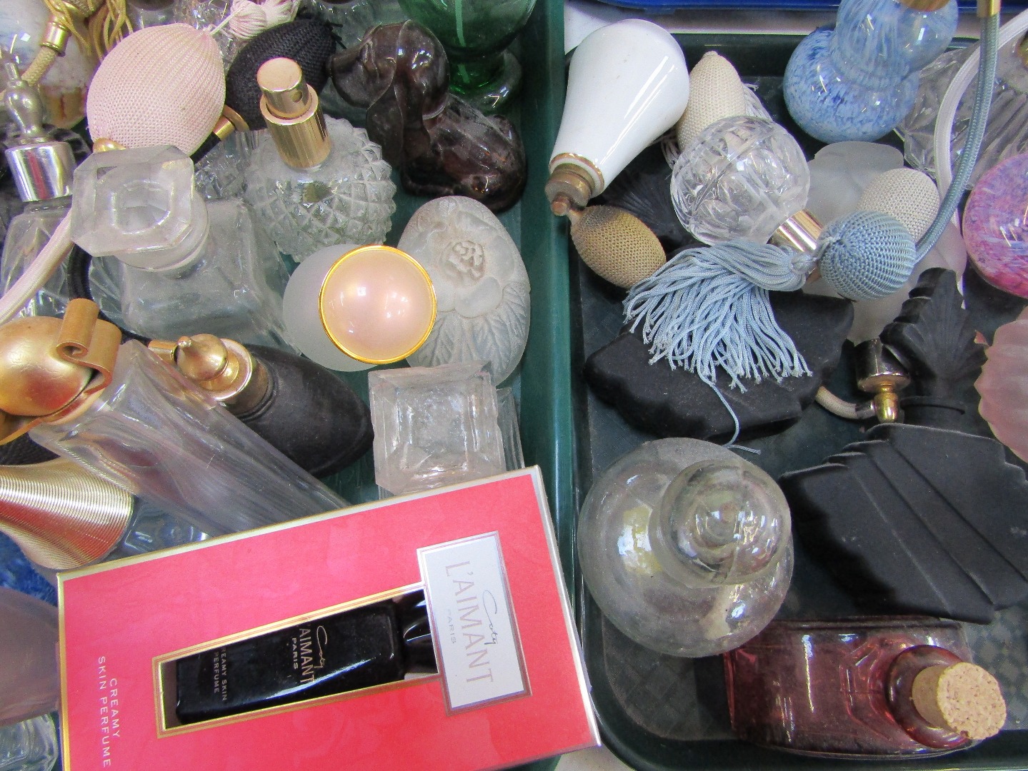 Appraisal: Perfume bottles atomisers etc mid thC black frosted glass example