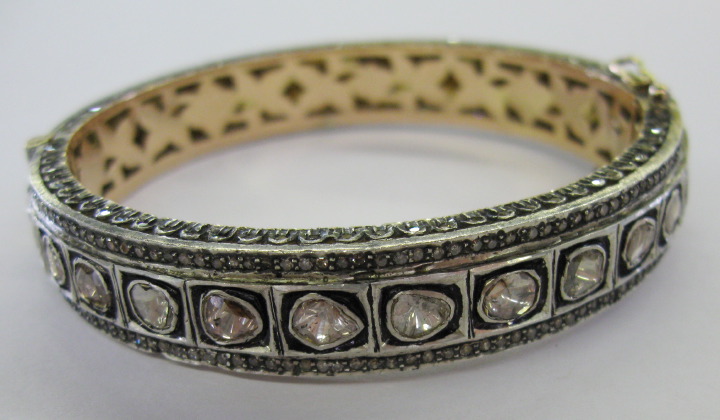 Appraisal: Fourteen-Karat Yellow Gold and Silver Cast and Hand-Crafted Diamond Hinged