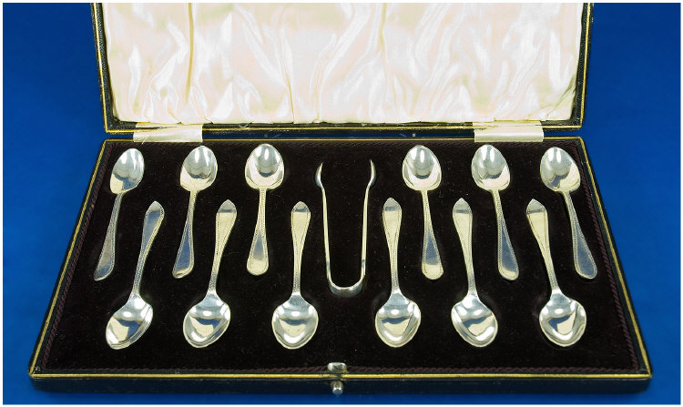 Appraisal: Cased Set Of Twelve Silver Tea Spoons And A Pair