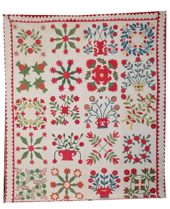 Appraisal: WASHINGTON DC FRIENDSHIP QUILT Circa Four-by-five grid configuation of appliqued