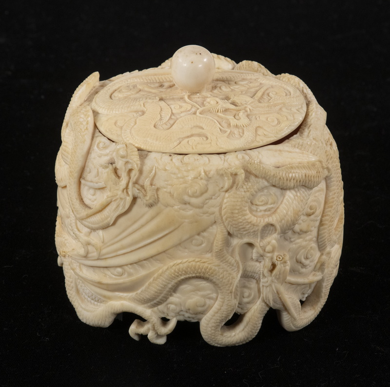 Appraisal: TH C JAPANESE CARVED IVORY BOX Oval Keepsake Box decorated