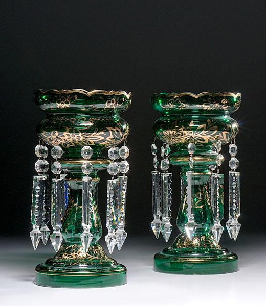 Appraisal: PAIR OF EMERALD GREEN GILDED MANTEL LUSTERS Continental late th