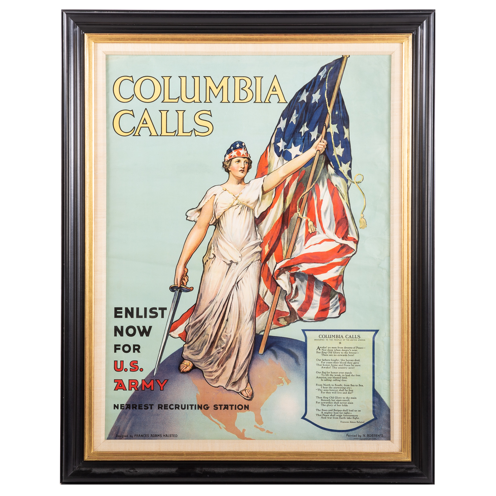 Appraisal: VINCENTE ADERENTE COLUMBIA CALLS LITHOGRAPH Italian American - Vintage lithographic