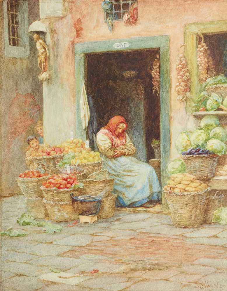 Appraisal: HELEN ALLINGHAM BRITISH - THE SLEEPING FRUITSELLER Signed watercolour cm