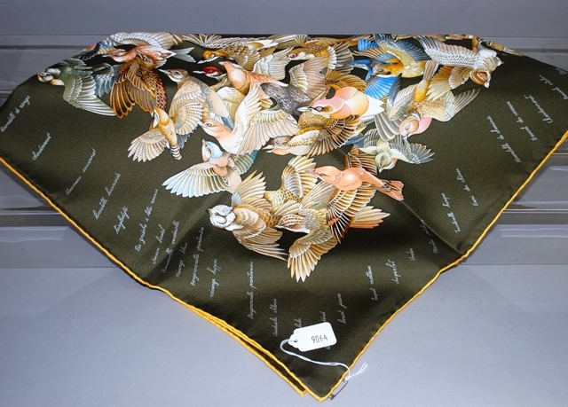 Appraisal: Hermes olive and multi colored bird French silk scarf Approx