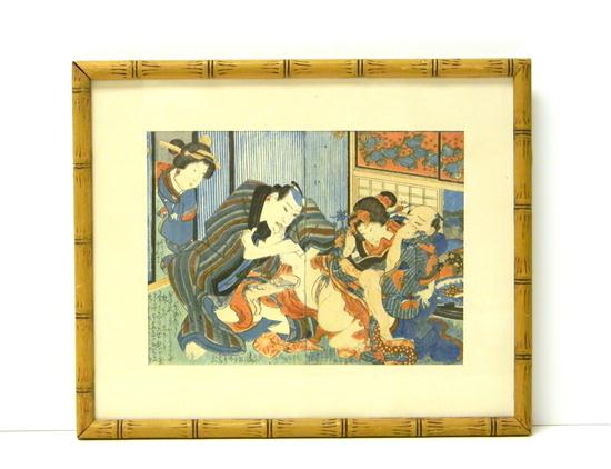 Appraisal: Japanese color woodblock print Edo period shunga depicting a group