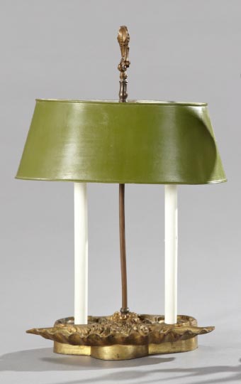 Appraisal: French Brass and Tole-Peinte Two-Light Bouillotte Lamp first quarter th