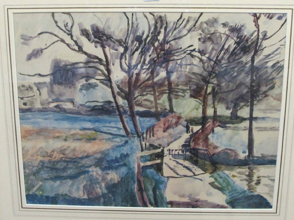 Appraisal: Watercolour landscape with figures on a bridge unsigned Provenance Viscount