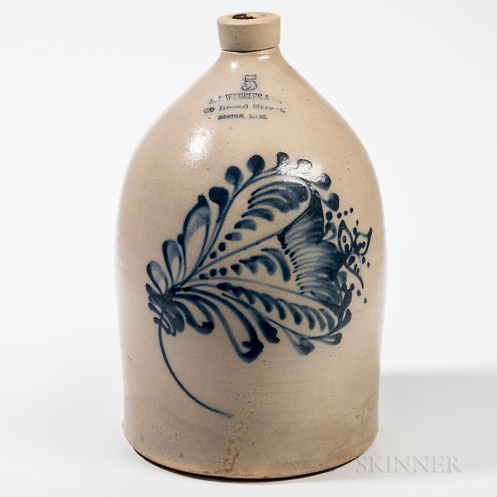 Appraisal: Five-gallon Cobalt-decorated Stoneware Jug Five-gallon Cobalt-decorated Stoneware Jug A B