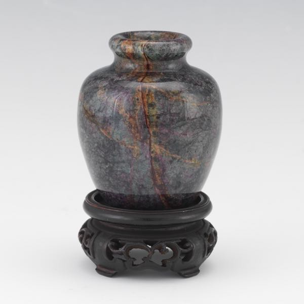 Appraisal: NATURAL GEMSTONE CONGLOMERATE CABINET VASE ON CARVED WOOD STAND x