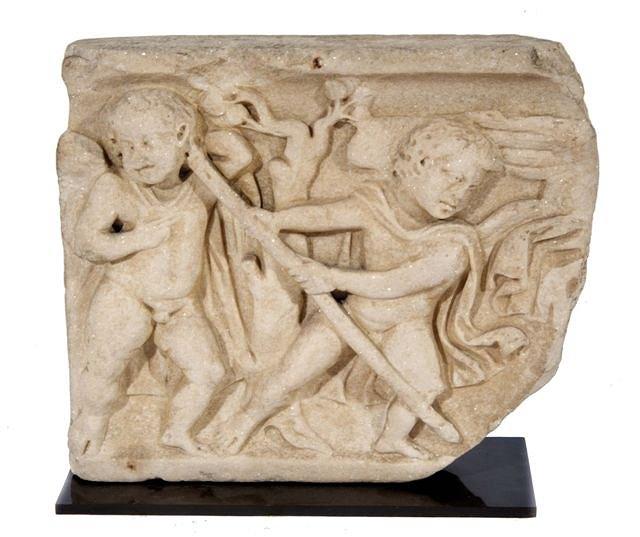 Appraisal: AN ITALIAN RENAISSANCE MARBLE FRIEZE FRAGMENT portraying two putto one