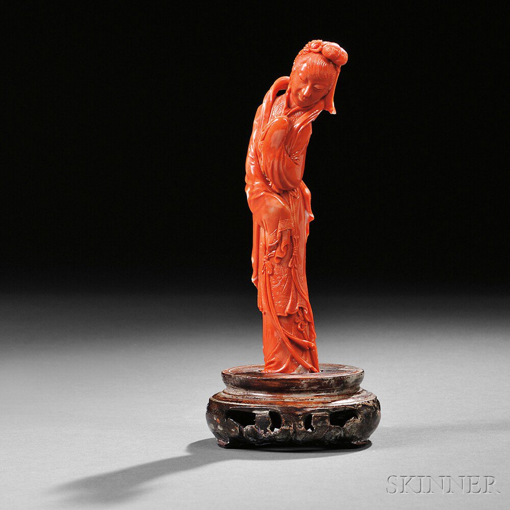 Appraisal: Carved Coral Figure of Guanyin China Qing dynasty carved from