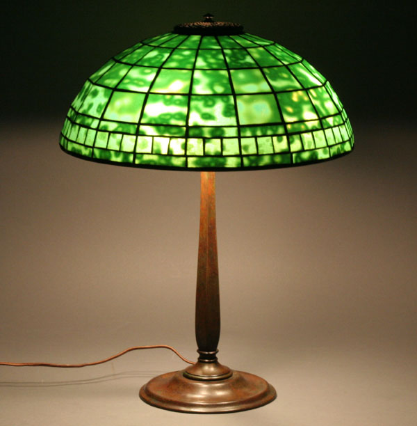 Appraisal: Tiffany Colonial lamp with rare turquoise leaded glass shade bronze