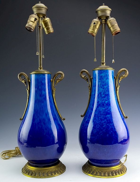 Appraisal: Pair Paul Milet Serves Porcelain Gilt Bronze Lamps Early th