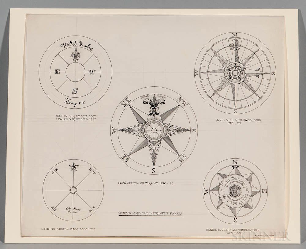 Appraisal: Pen and Ink Drawing of Five Compass Cards Pen and