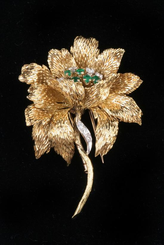 Appraisal: FRENCH K YELLOW AND WHITE GOLD DIAMOND AND EMERALD FLORAL