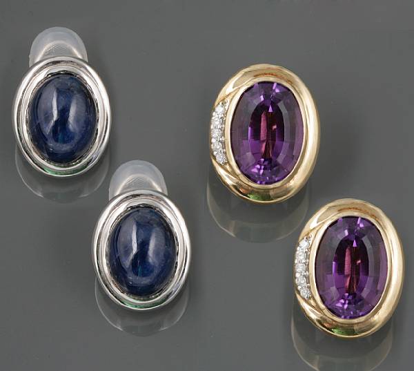 Appraisal: A collection of amethyst sapphire and diamond ear-clips mounted in