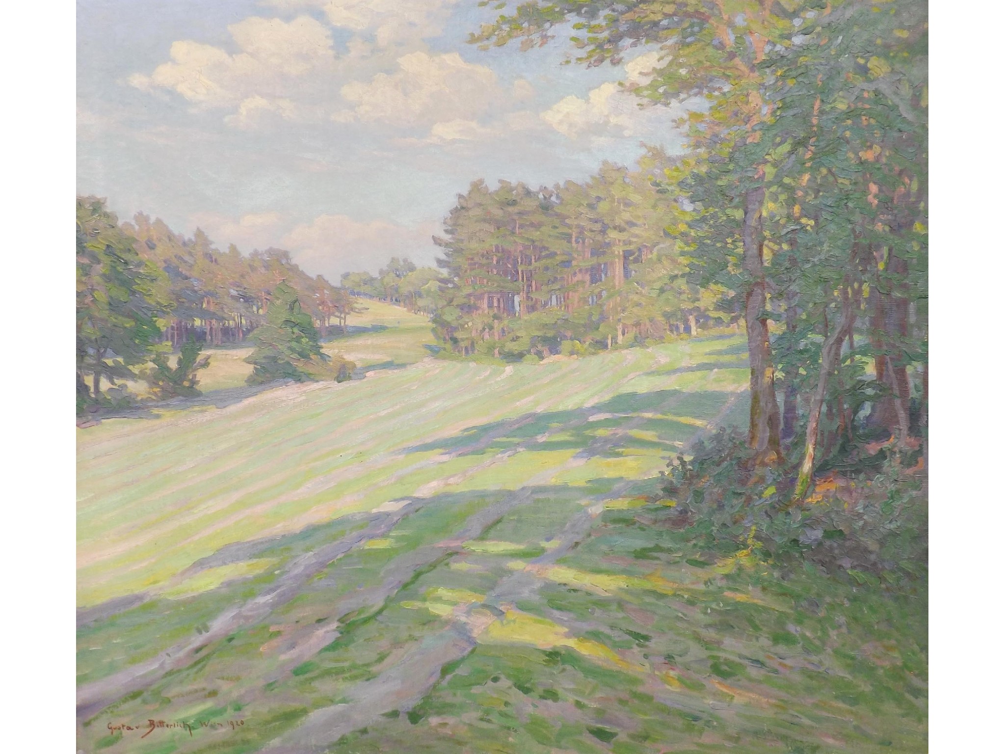 Appraisal: Gustave Bitterlich - - A sunlit landscape with a forest