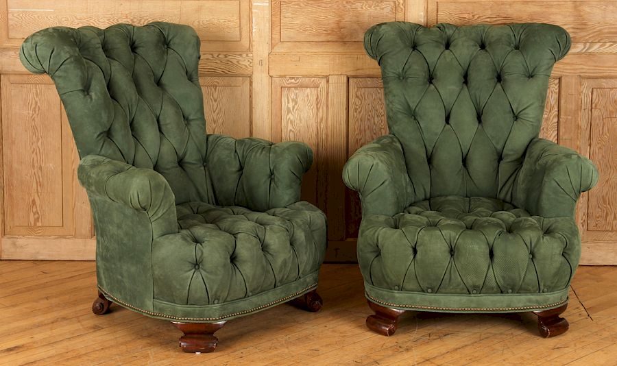 Appraisal: PAIR EDWARDIAN STYLE OVERSTUFFED CLUB CHAIRS A pair of Edwardian