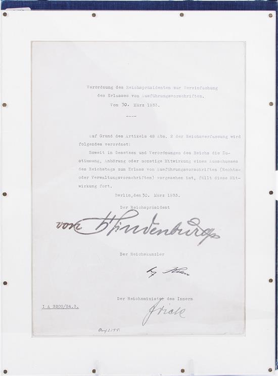 Appraisal: Early important German Reich signed emergency decree dated March Emergency