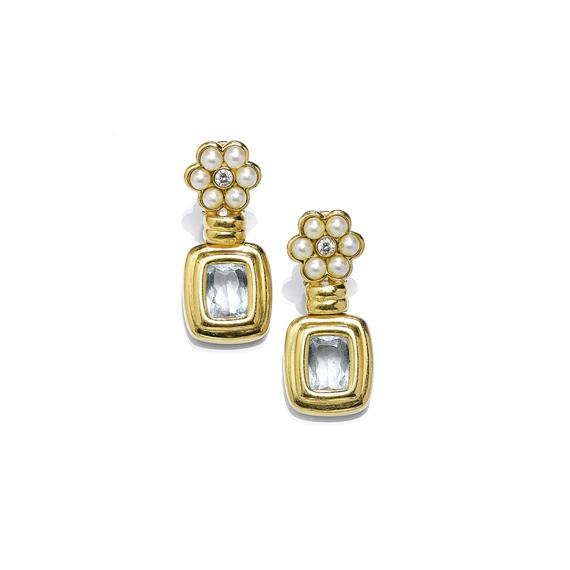 Appraisal: GOLD AQUAMARINE PEARL AND DIAMOND EAR PENDANTS Yellow gold Decorative