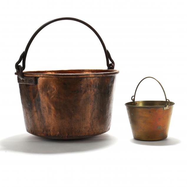 Appraisal: LARGE ANTIQUE COPPER CAULDRON AND JELLY BUCKET th century the