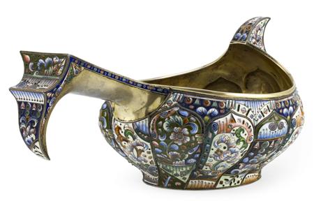 Appraisal: A large Russian silver-gilt and enamel kovsch th Artel Moscow