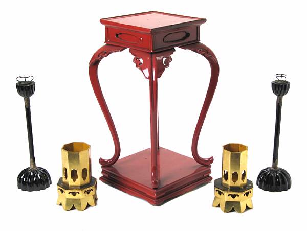 Appraisal: A Japanese red lacquer incense stand together with a pair