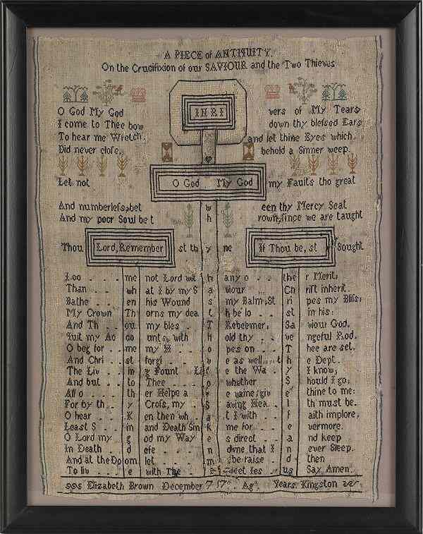 Appraisal: Silk on linen sampler th c wrought by Elizabeth Brown