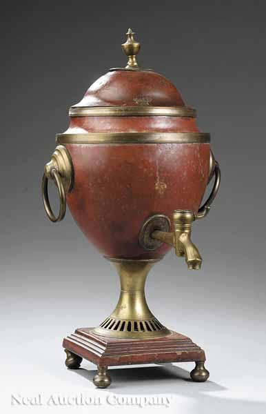 Appraisal: An Antique Brass-Mounted Pontypool Urn of ovoid-form surmounted by urn-form