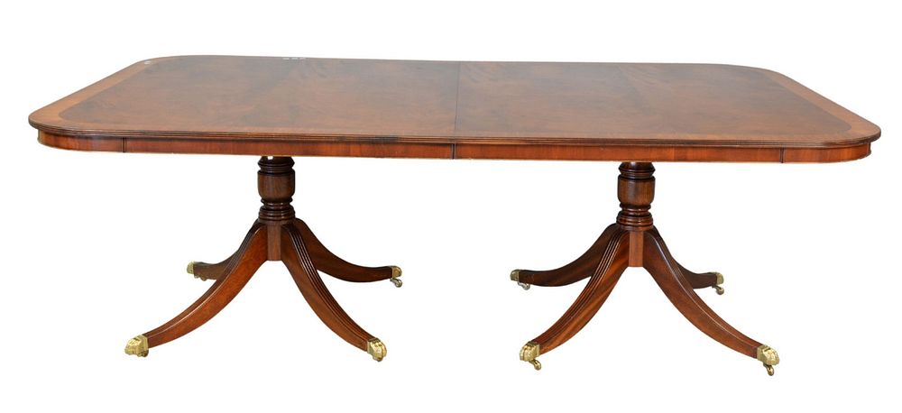 Appraisal: Custom Mahogany Dining Table with double pedestal base and banded