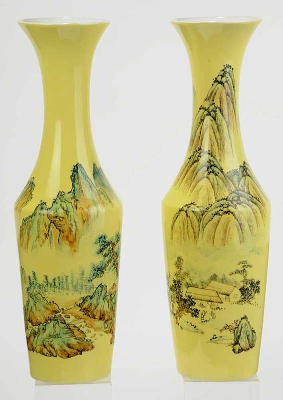 Appraisal: Large Pair Chinese Porcelain Landscape Vases th century famille jaune