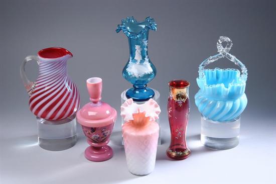 Appraisal: SIX PIECES FANCY GLASS Late th century Including cranberry swirl-molded