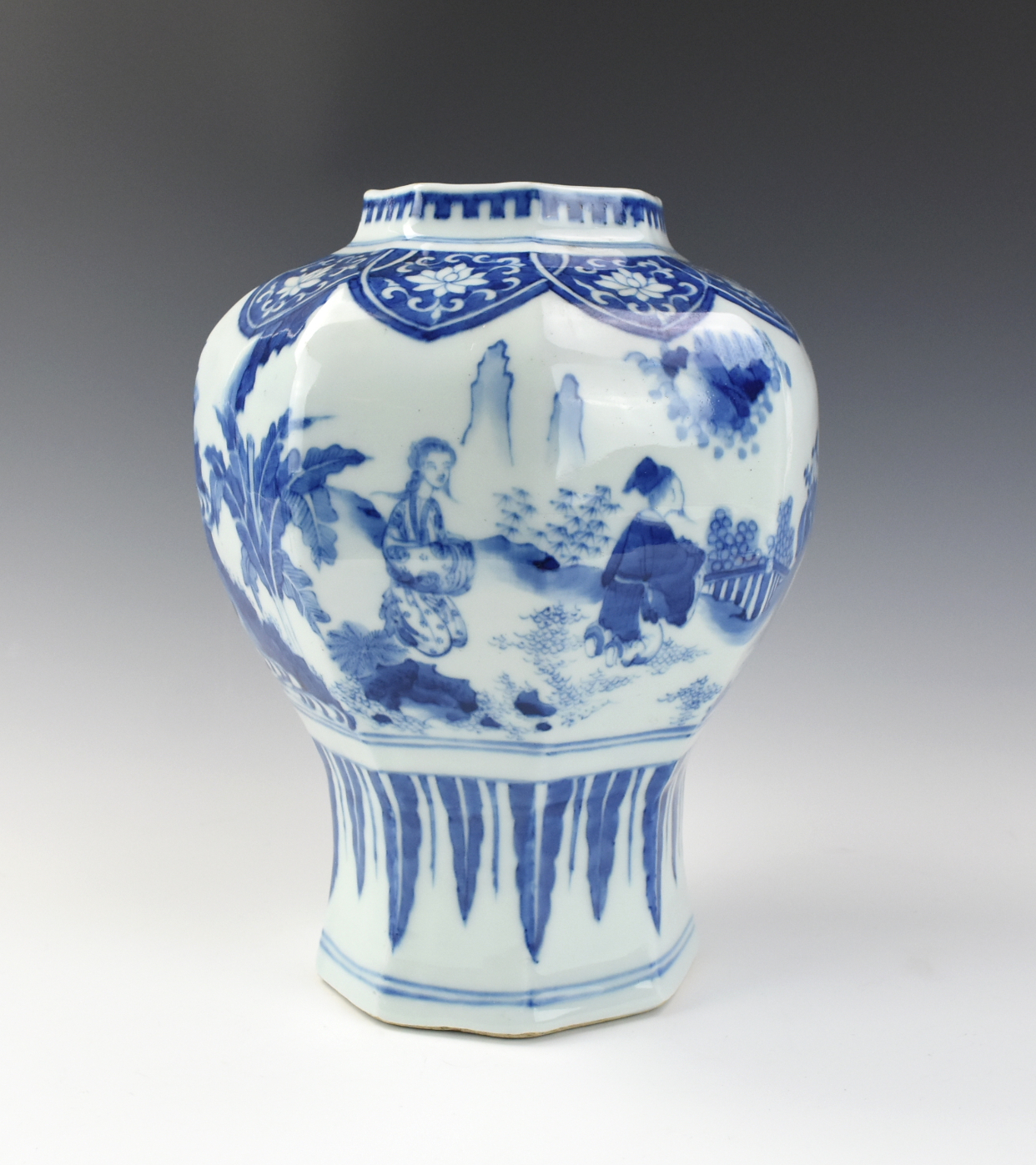 Appraisal: CHINESE BLUE WHITE JAR W SCHOLAR Chinese probably Transaction period