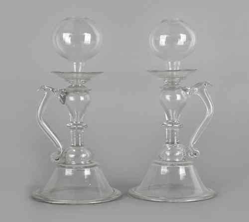 Appraisal: Pair of blown colorless glass whale oil lamps ca h